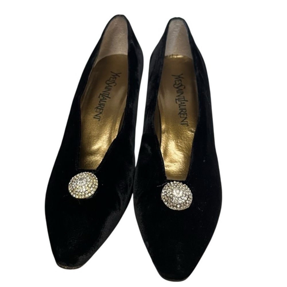 Yves Saint Laurent Black Velvet Jeweled Pointed Toe Heels Size 7.5 Party Vintage - Picture 4 of 11
